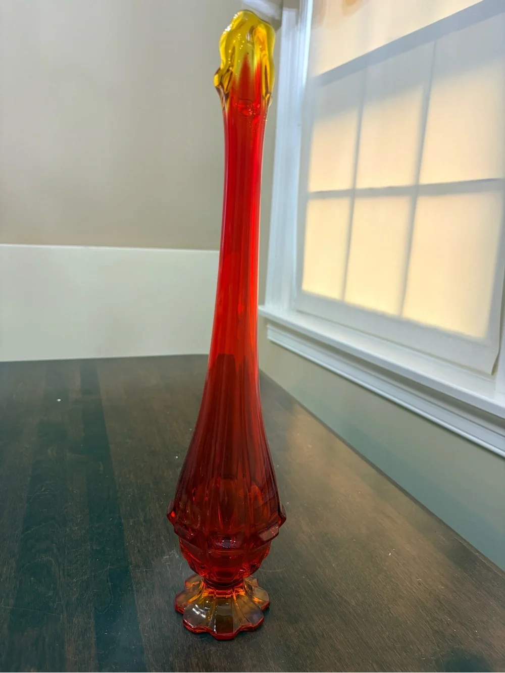 Vtg 1960s Fenton Valencia Amberina swung vase MCM 15”